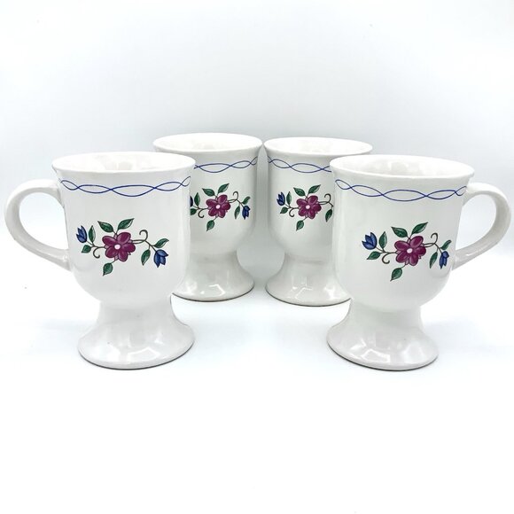 Vtg Pedestal Flower Coffee Mug Tea Cup B.I. INC Set Of 4 Tall 5” Diameter 3.25” - Picture 2 of 8